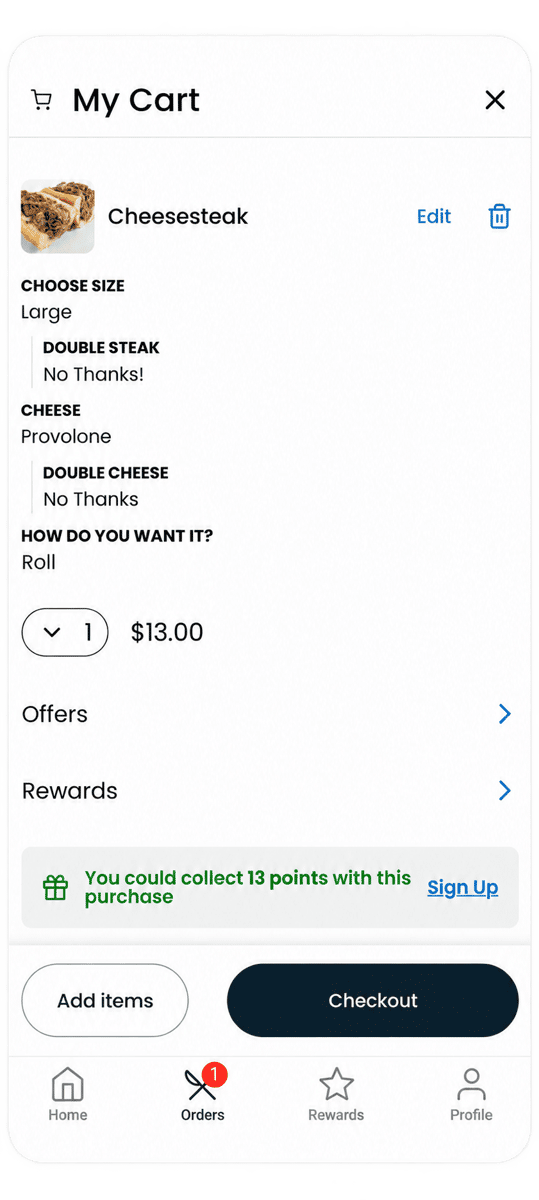 Shopping cart with a customized cheesesteak order