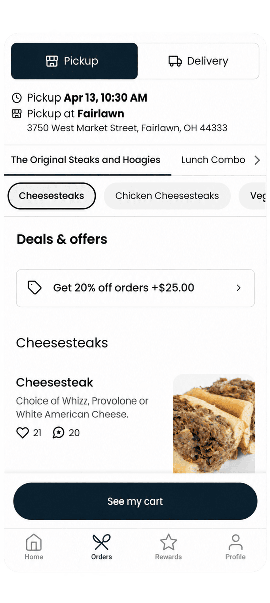 App menu with cheesesteaks and available offers