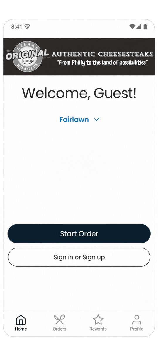 App home screen with location selection and Start Order button