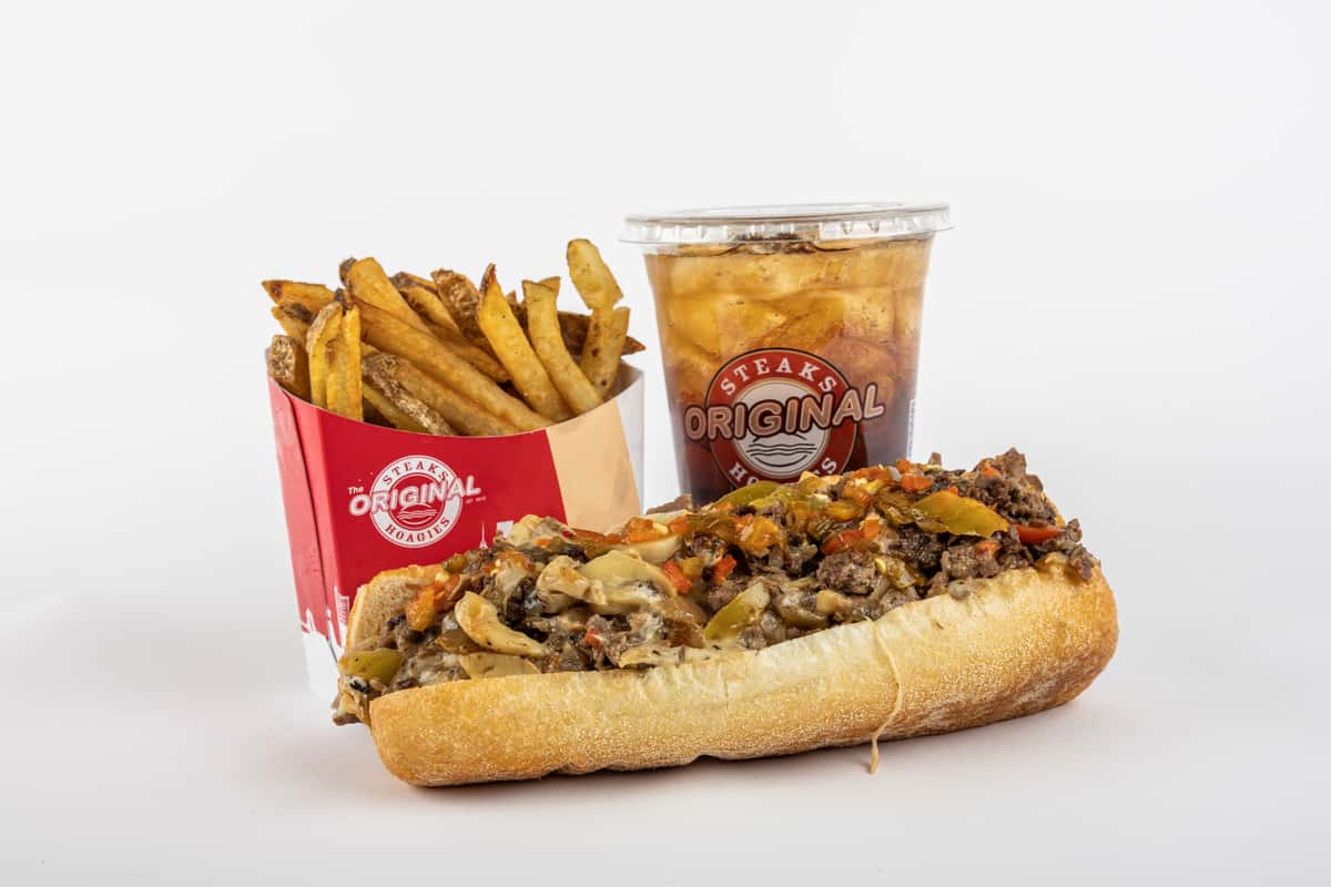 Cheesesteak, fries, and soda