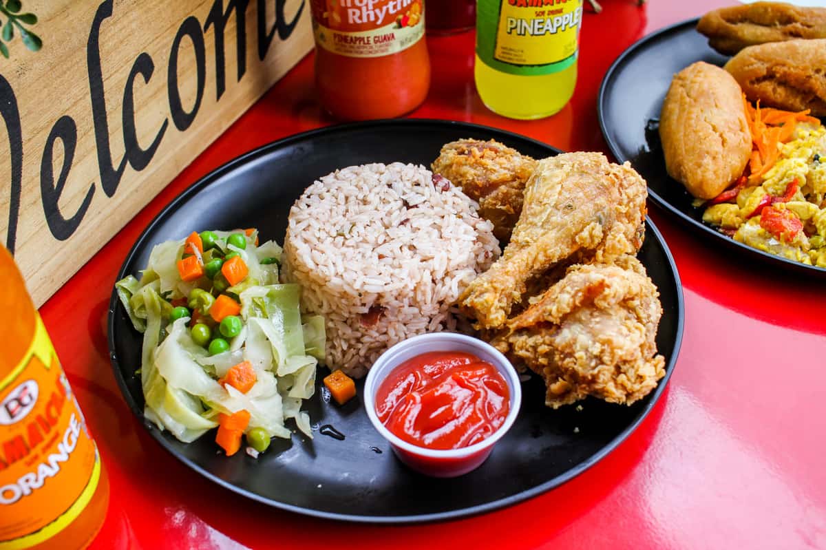 Fried chicken with seasoned rice and mixed veggies