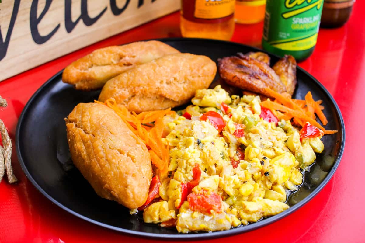 Savory plate with fried dumplings, scrambled eggs, and vegetable