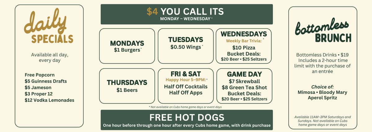 Daily Specials at Kincade's Wrigley in Chicago