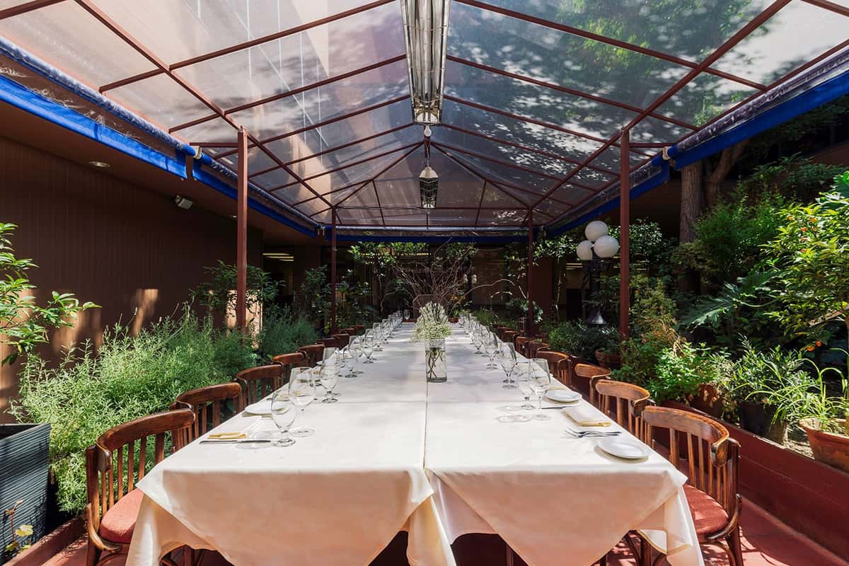 Elegant outdoor patio dining setup with long table and greenery at Celestino Pasadena