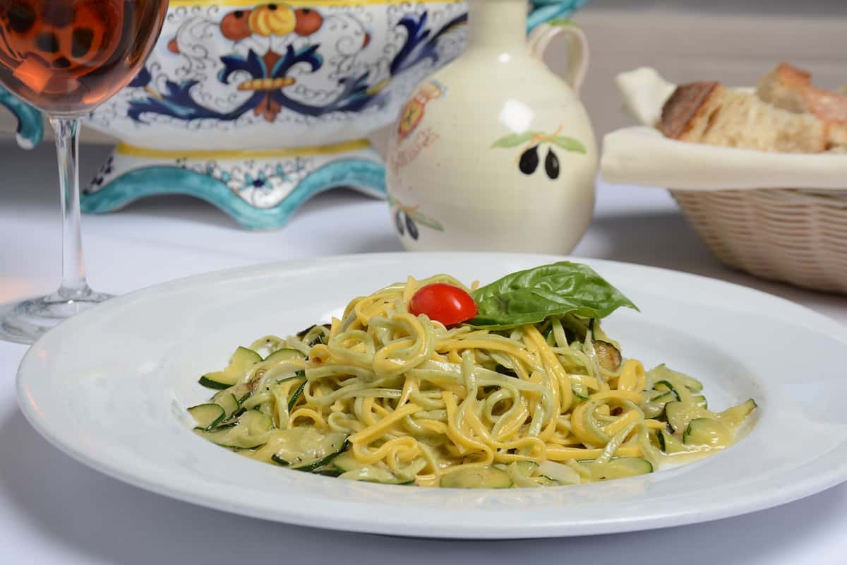 Fresh Italian pasta with basil and cherry tomato at Celestino Pasadena
