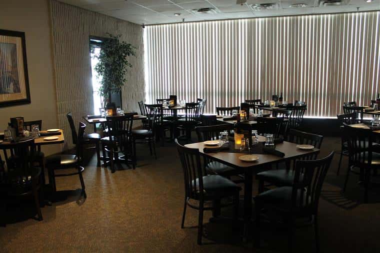 tables and chairs inside restaurant
