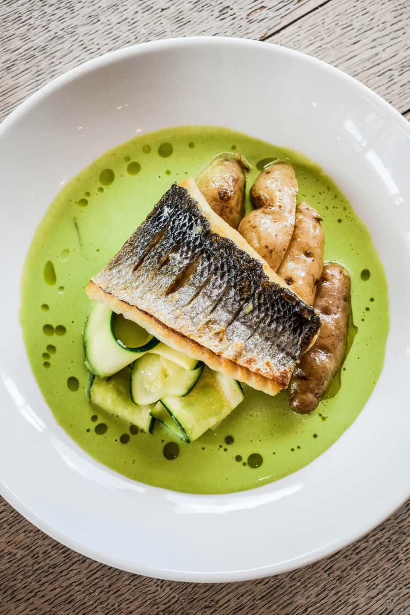 Pan-seared fish fillet with crispy skin served over fingerling potatoes and zucchini ribbons in a vibrant green herb sauce, presented in a modern white bowl.