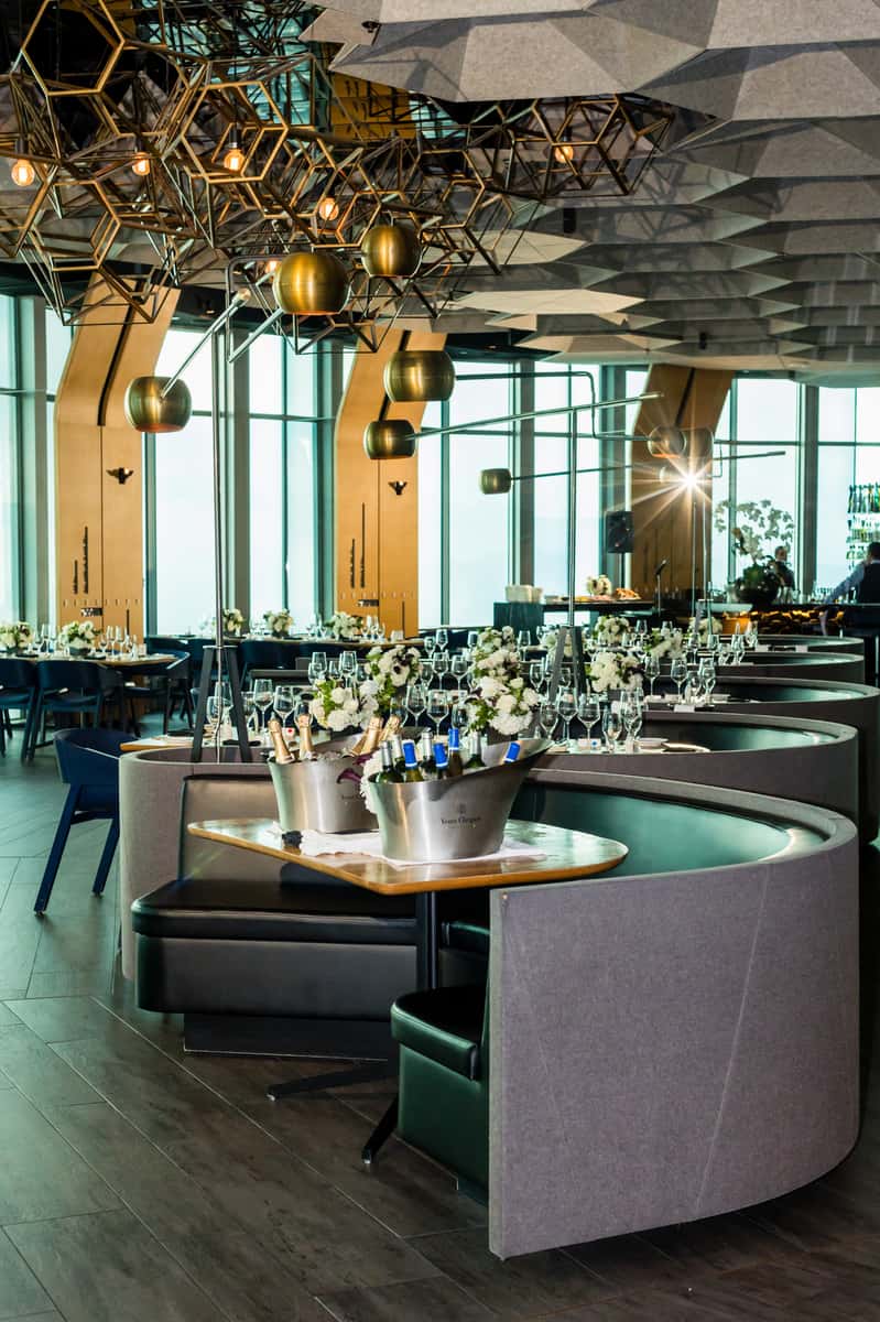 Private dining room at 71Above in Downtown Los Angeles set for a holiday party with skyline views.