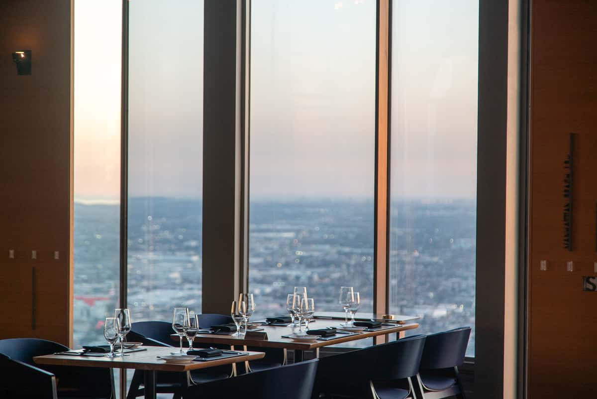 Aerial view of Los Angeles at sunset from 71Above, the highest restaurant in the city