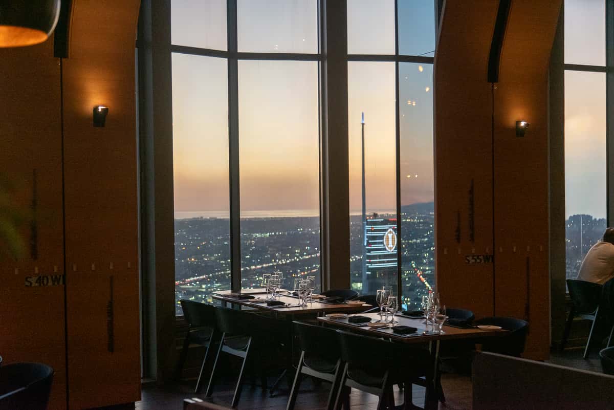 Panoramic 360-degree view of Los Angeles from 71Above dining room at sunset