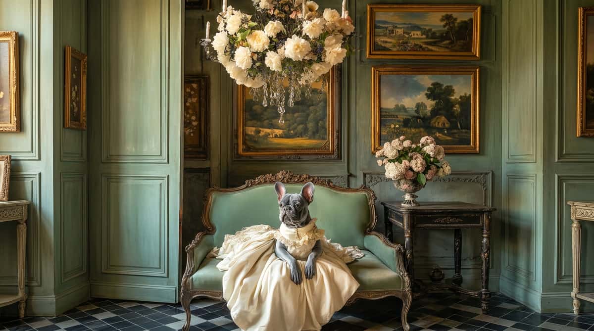 restaurant-lounge_enhanced.png: A grey French Bulldog in a cream Victorian dress sits on a green velvet settee, beneath a floral chandelier.