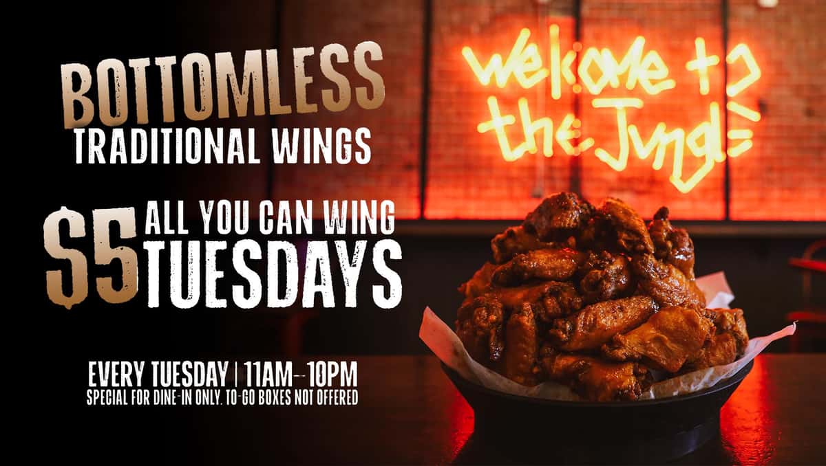shows plate of wings and $5 bottomless wing special on tuesdays