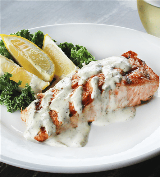 GRILLED ATLANTIC SALMON. Atlantic salmon topped with dill aioli. Served with choice of soup or salad and one side.