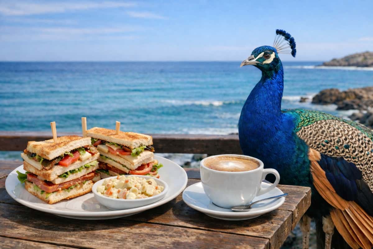 Club sandwich with macaroni salad and coffee overlooking the ocean at a coastal café in San Pedro, California