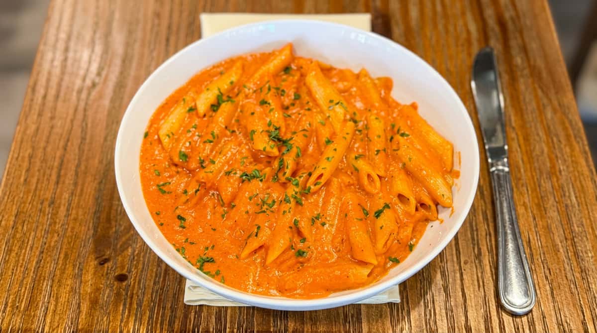 Creamy penne alla vodka in rich tomato cream sauce at Serafini, blending classic Italian flavors in downtown Frankfort, Kentucky.