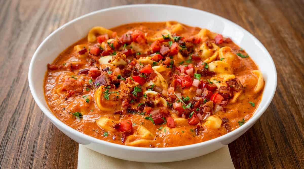 Cheese tortellini soup with bacon, tomatoes, and herbs in a creamy tomato broth at Serafini in Frankfort, Kentucky.