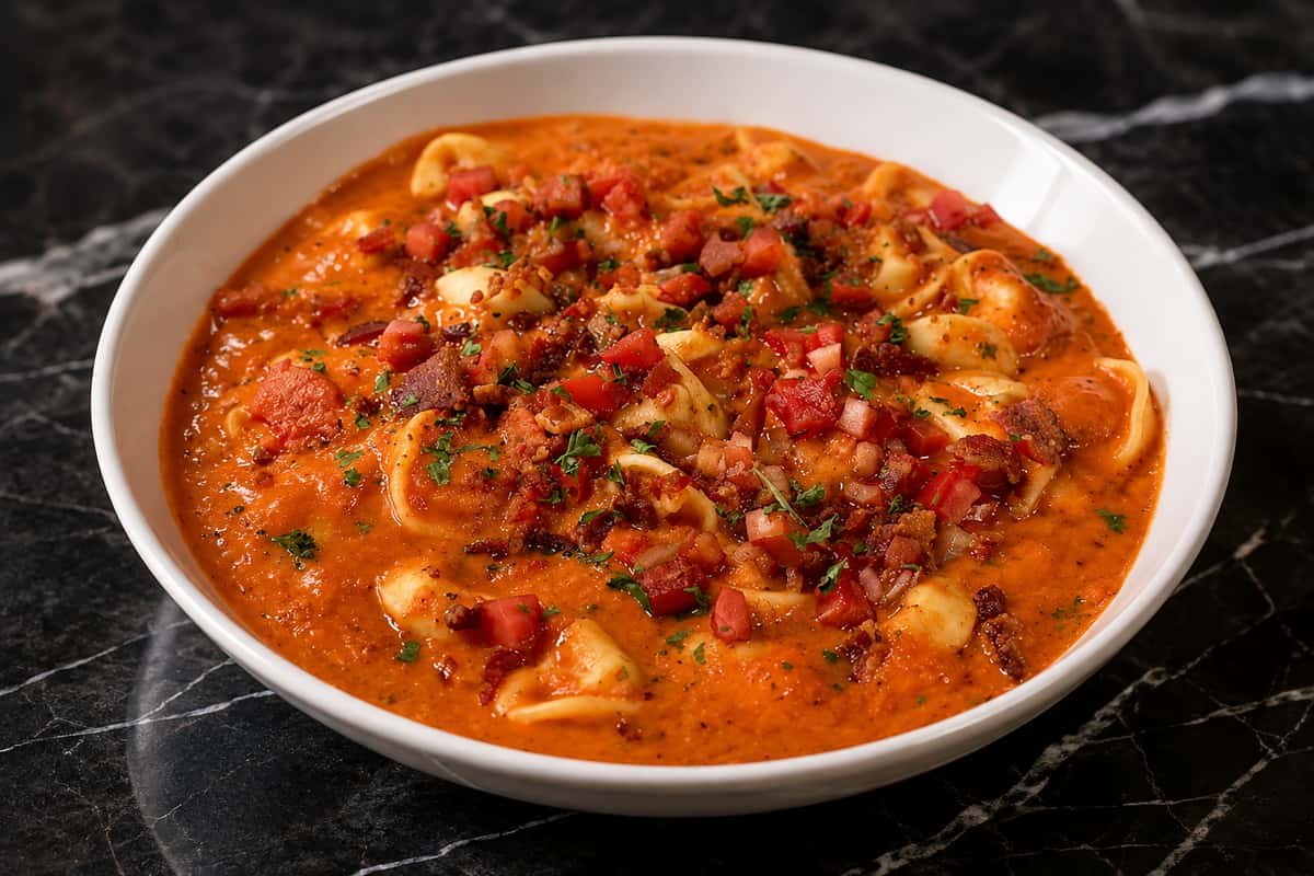 Cheese tortellini soup with bacon, tomatoes, and herbs in a creamy tomato broth at Serafini in Frankfort, Kentucky.