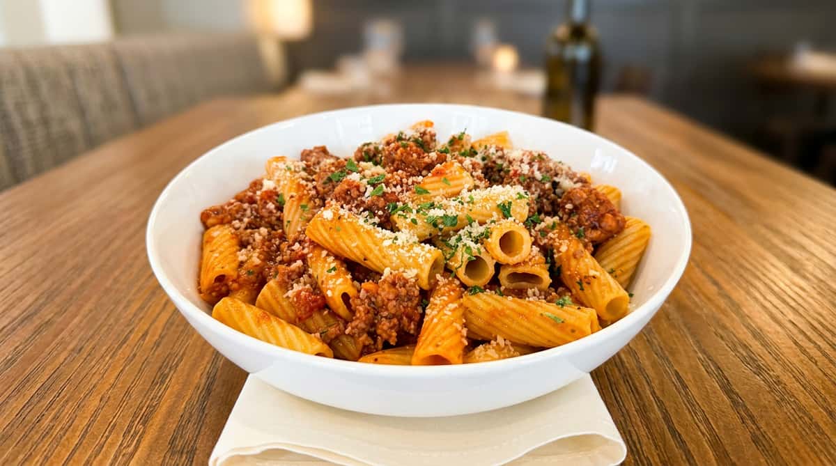 Rigatoni pasta tossed in hearty house-made Bolognese sauce and finished with Parmesan at Serafini, an Italian fusion restaurant in Frankfort, Kentucky.