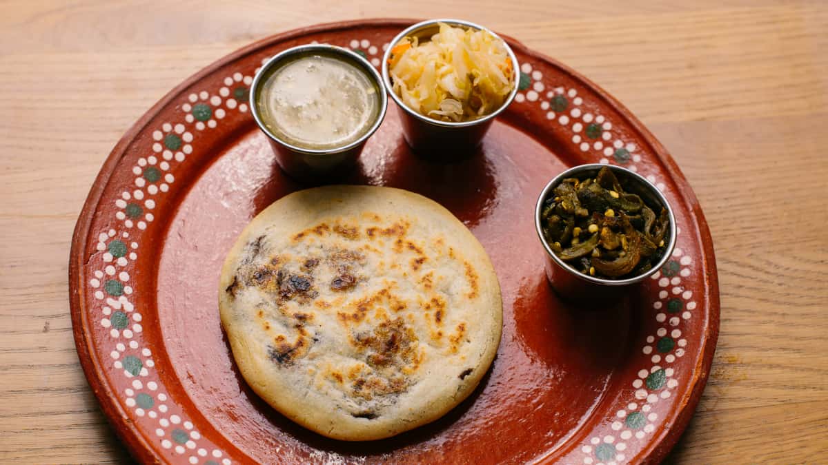 Rajas Pupusa with Green Salsa and Curtido