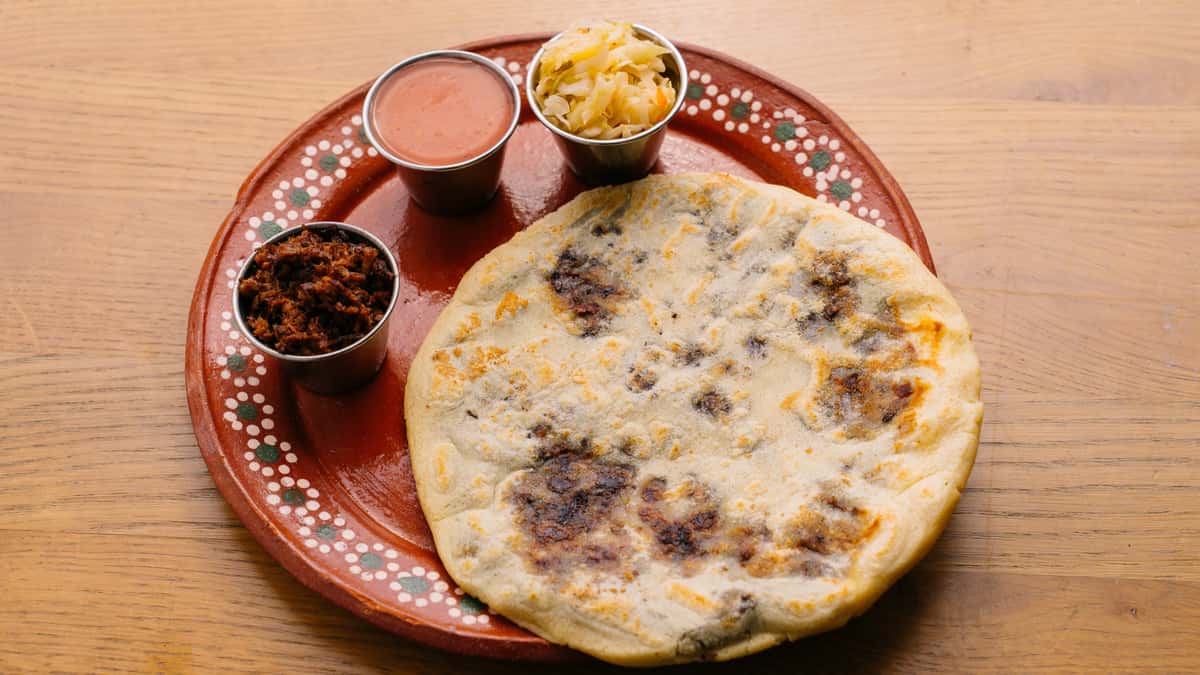 Barbacoa Pupusa with Red Salsa and Curtido