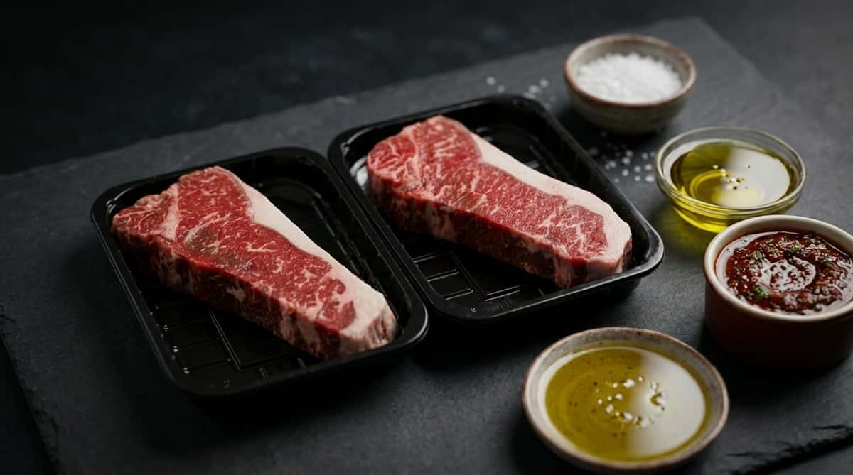 Premium New York strip steaks packaged fresh at La Carniceria Prime Meat Market