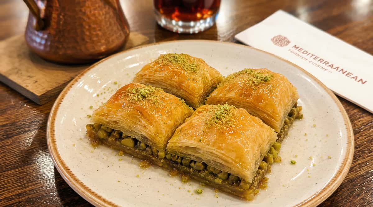 Fresh pistachio baklava with flaky phyllo pastry layers, honey syrup glaze, and crushed pistachios served at a Mediterranean Turkish restaurant