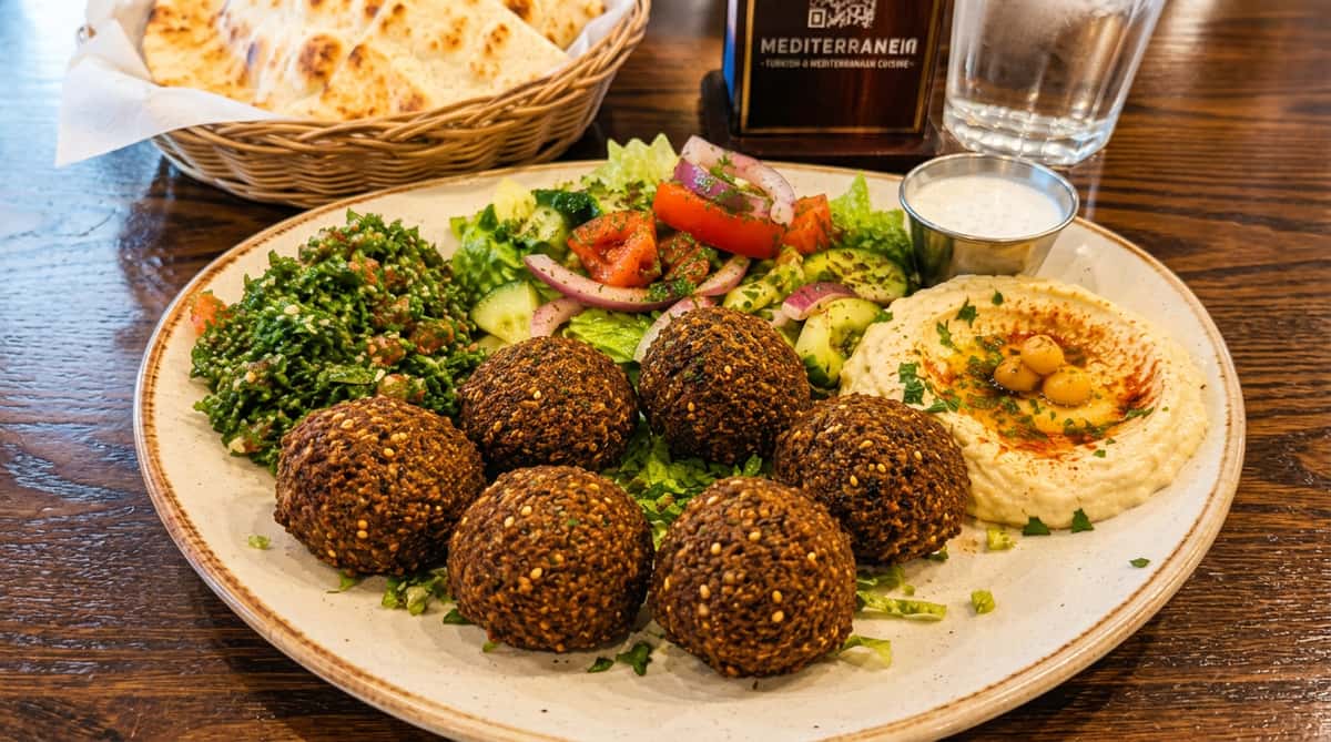 Crispy falafel platter with hummus, tabbouleh salad, fresh vegetables, and warm pita bread at a Mediterranean restaurant