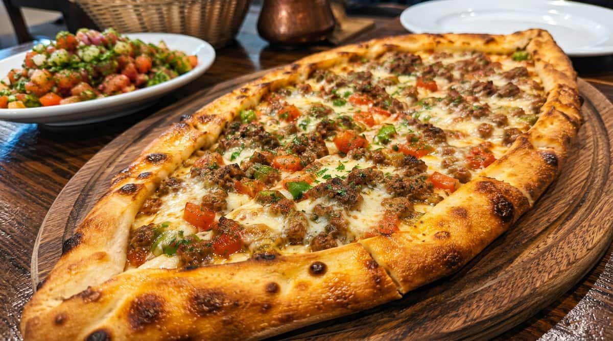 Freshly baked Turkish pide topped with seasoned beef, melted cheese, tomatoes, and herbs on a wooden serving board