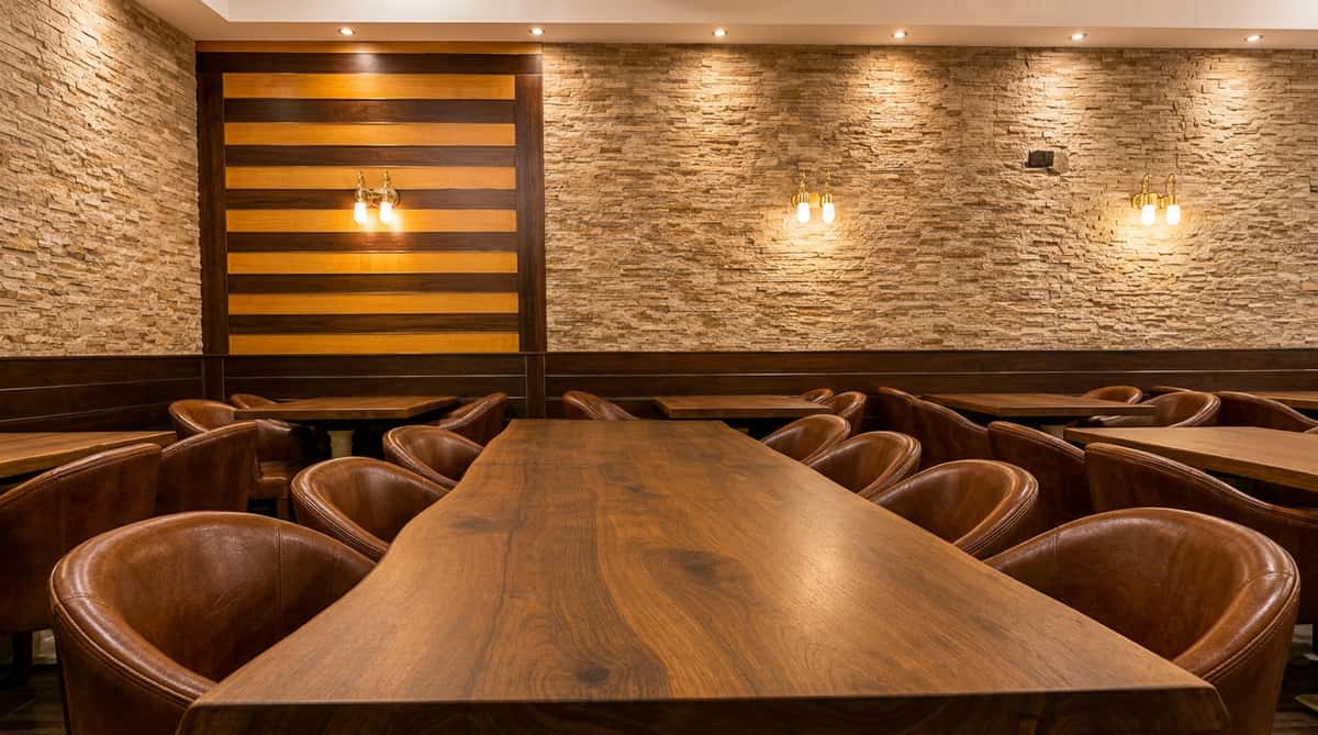 A restaurant interior with a large wooden table and brown leather chairs, beside a wall with stone and wood paneling.