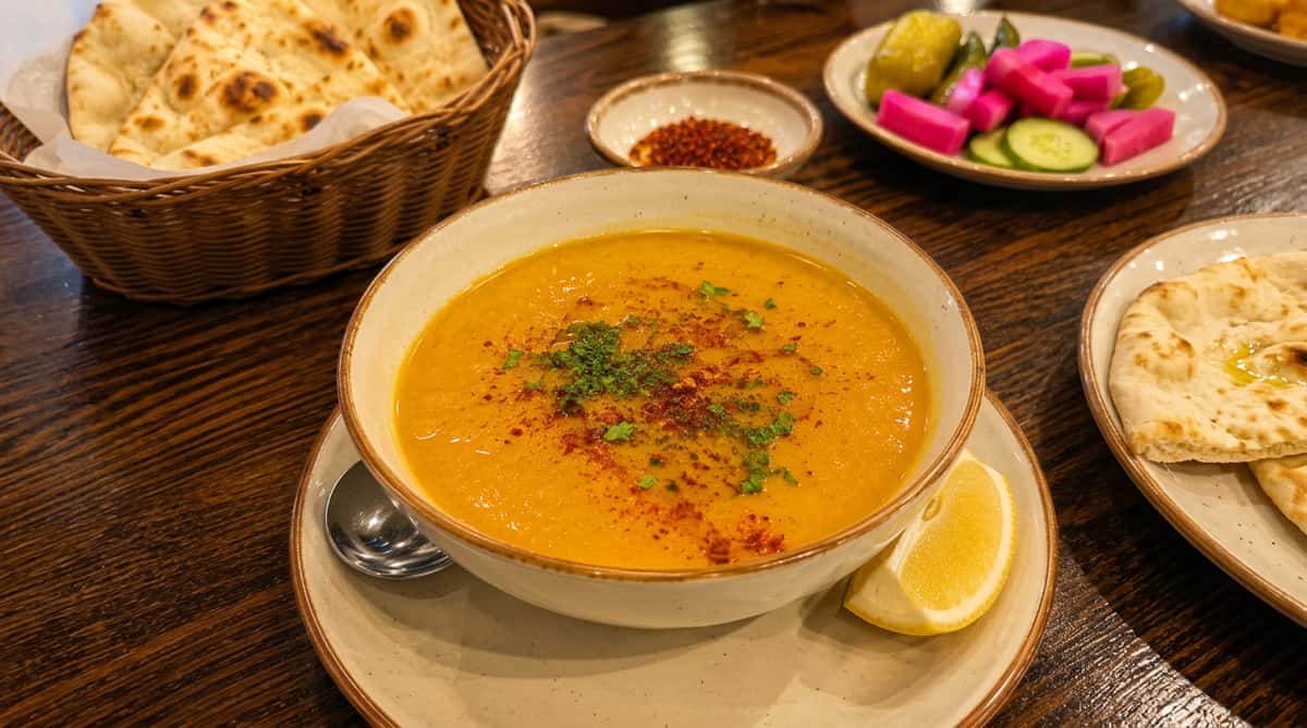 Traditional Turkish lentil soup garnished with herbs and paprika, served with lemon and warm pita bread