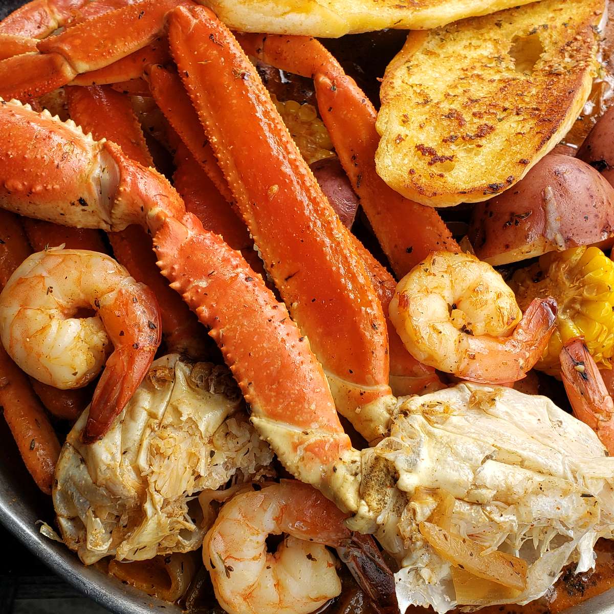 boiled crab legs and shrimp