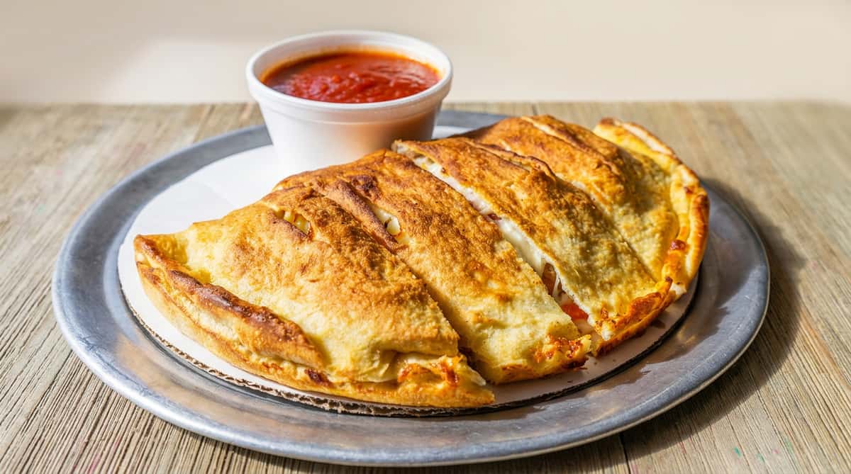 Calzone, sliced open to show melted cheese and red sauce, with a side of marinara in a white cup.