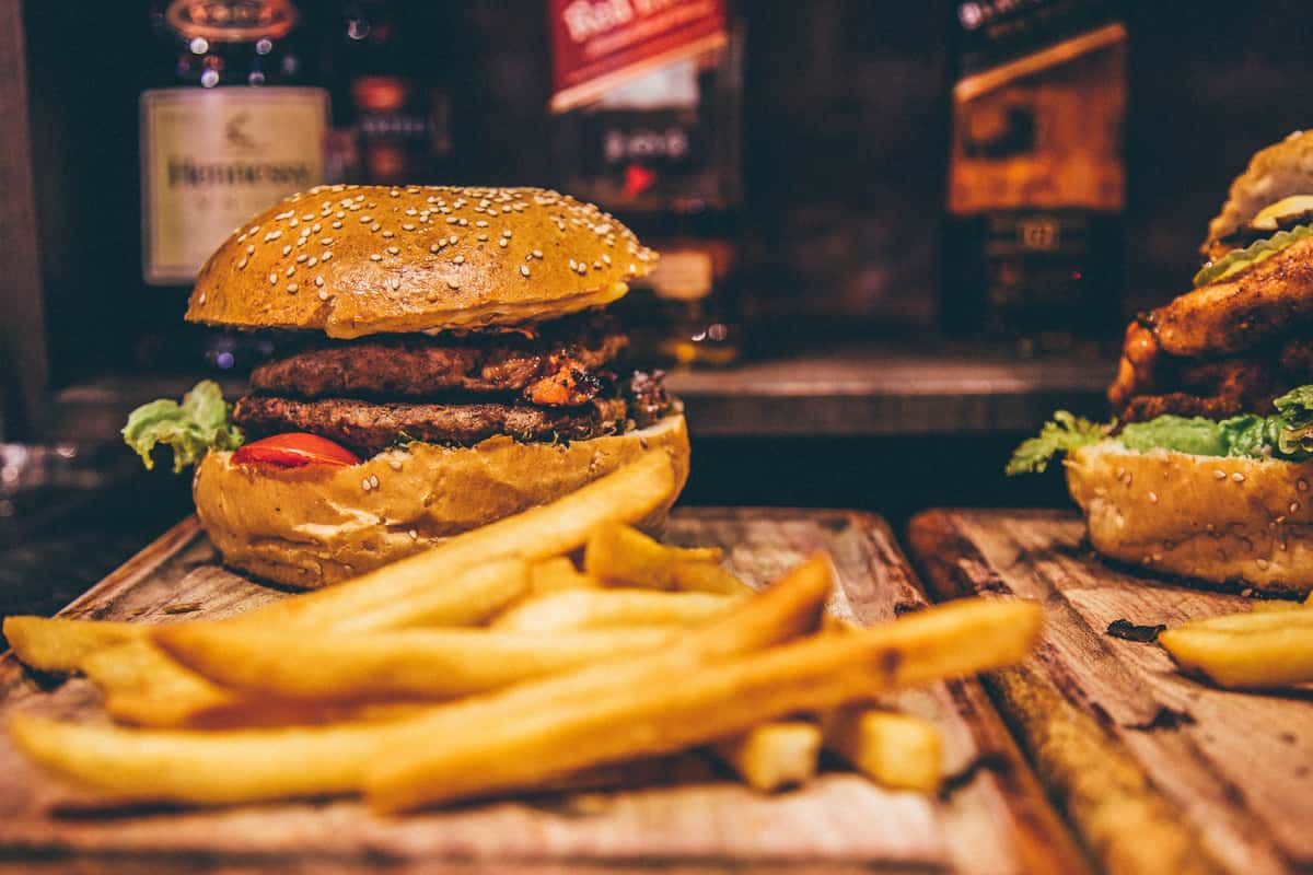 burger, fries, beers