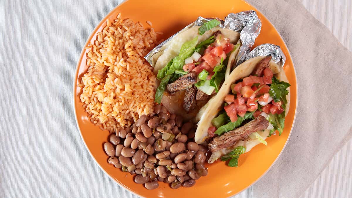tacos, rice, and beans