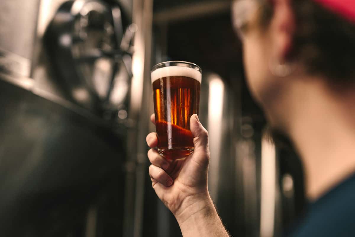 Person inspecting a pint of amber beer with a foamy head in a brewery setting, backlit to highlight the beer's rich color.