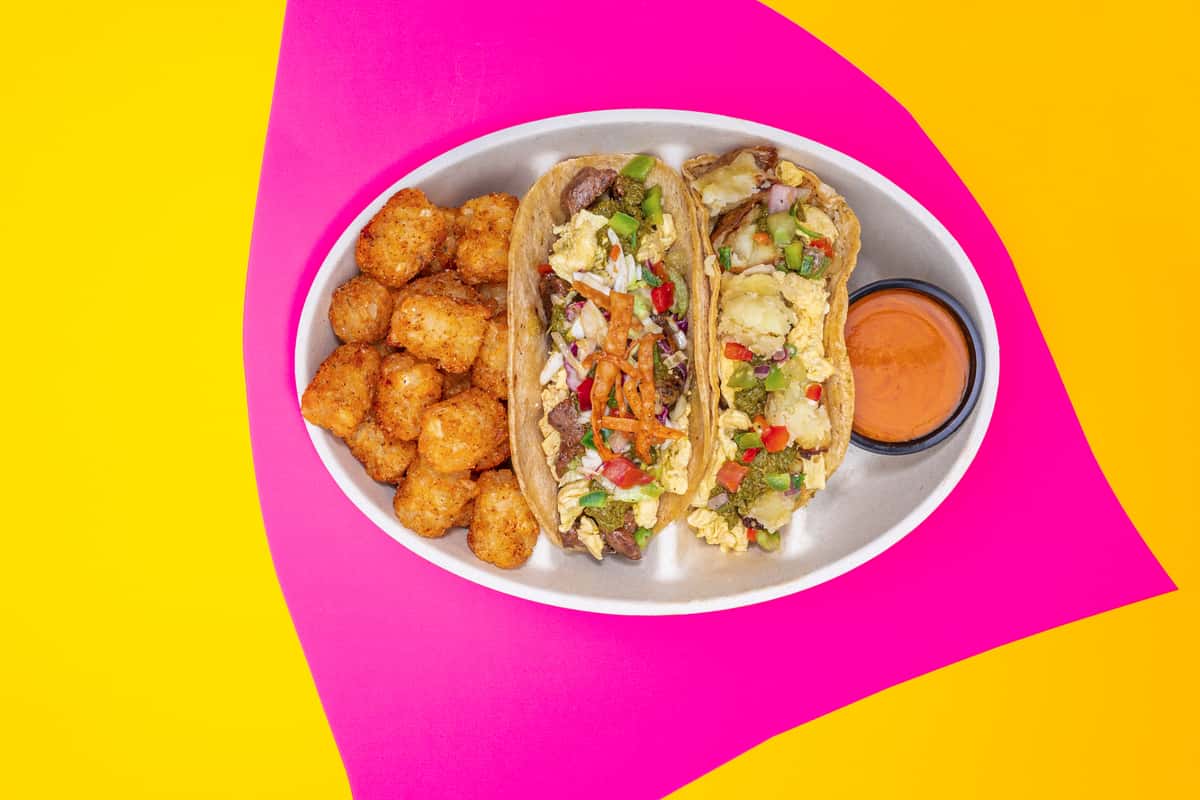 Breakfast tacos and hash brown bites tater tots
