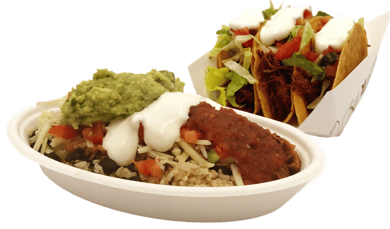 Baja bowl with seasoned rice, black beans, salsa, cheese, sour cream, guacamole next to three crispy tacos with meat, lettuce, tomato, sour cream