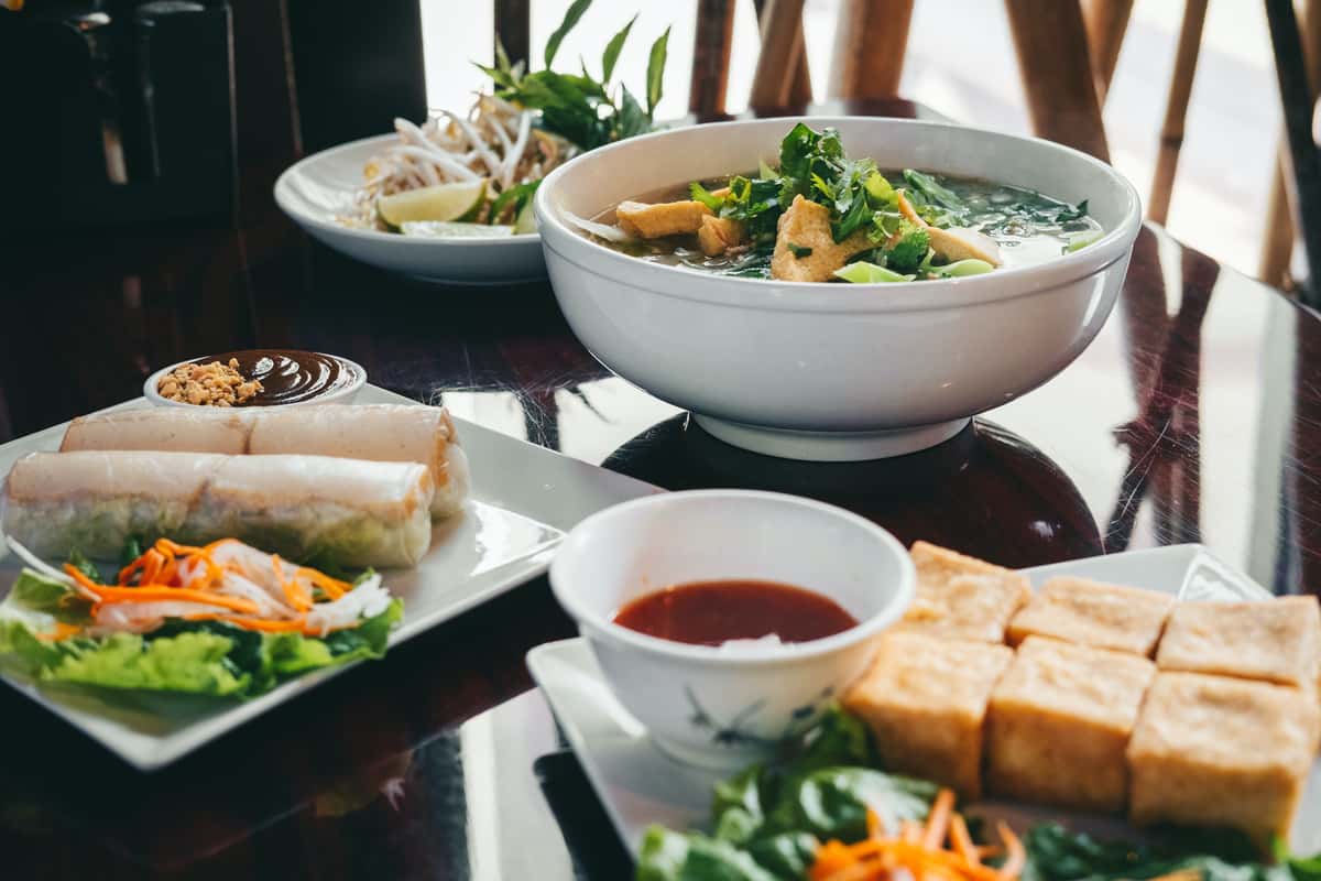 pho and tofu with sauces