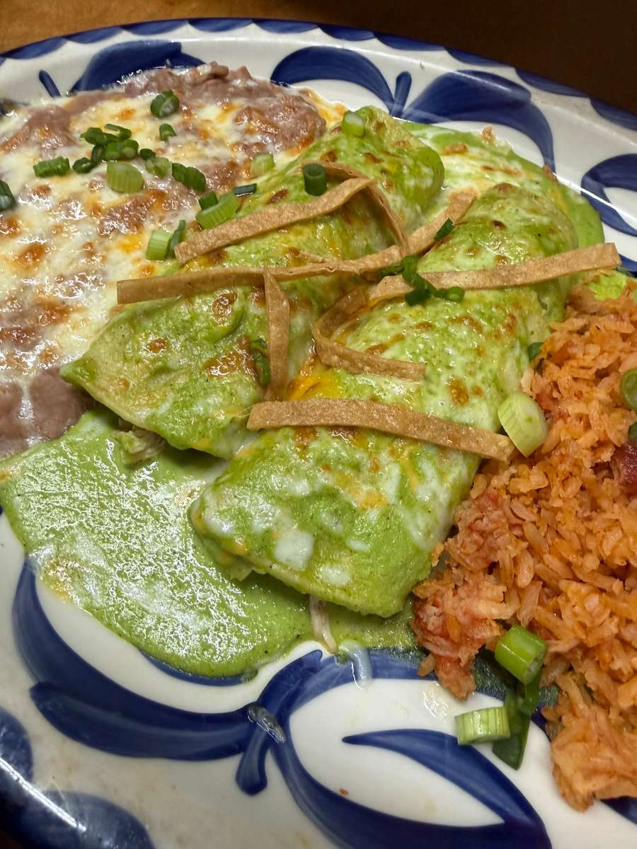 Two enchiladas topped with green sauce and crispy tortilla strips on a plate with rice and beans