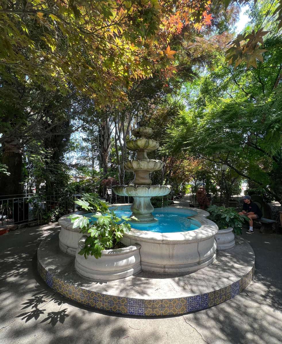 Tranquil tiered stone fountain surrounded by lush greenery and dappled sunlight in a shaded garden courtyard.