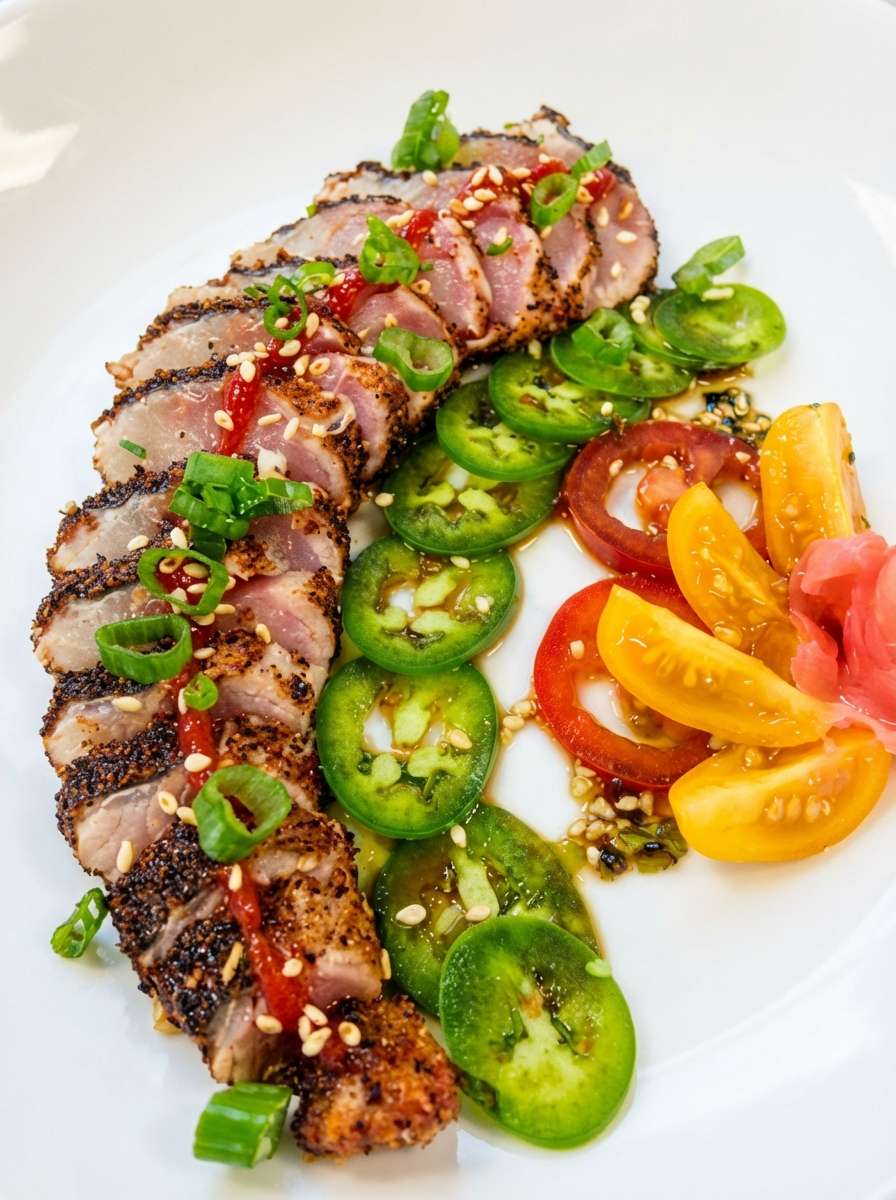Seared tuna slices with sesame seeds, green onions, jalapeños, tomatoes, and pickled ginger on a white plate.