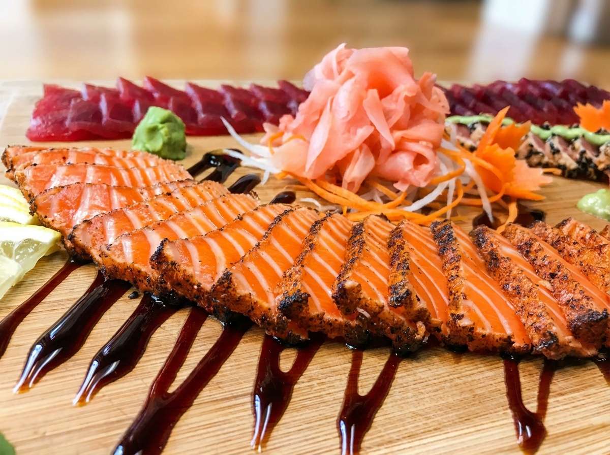 Seared salmon slices with sauce, pickled ginger pile, avocado, and tuna sashimi on wooden board.