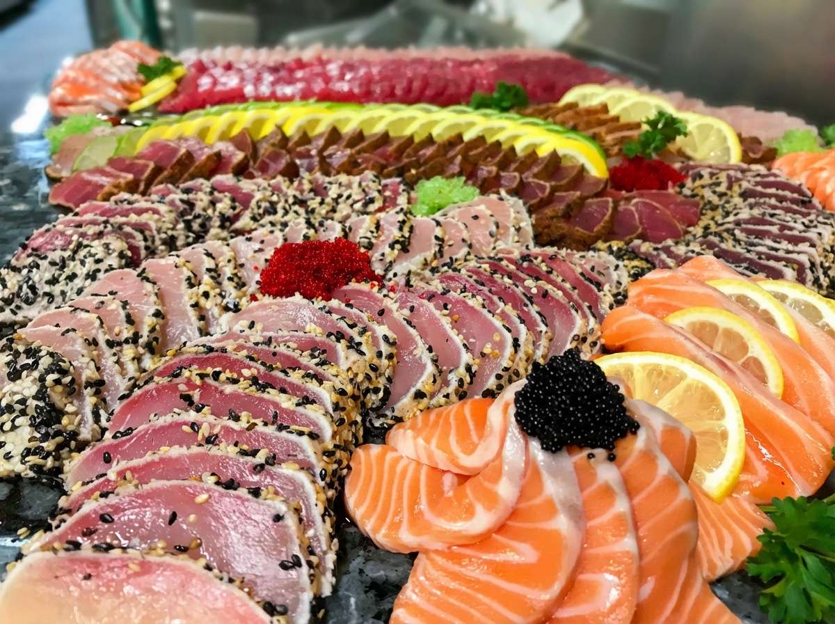 A platter of various seafood sashimi, including sesame-crusted tuna, salmon with lemon slices and black caviar, and red caviar.