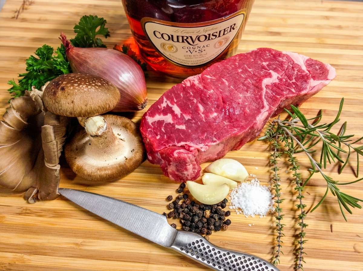 Raw New York strip steak with mushrooms, shallots, garlic, rosemary, thyme, parsley, peppercorns, sea salt, and a bottle of Courvoisier Cognac on a wooden cutting board.