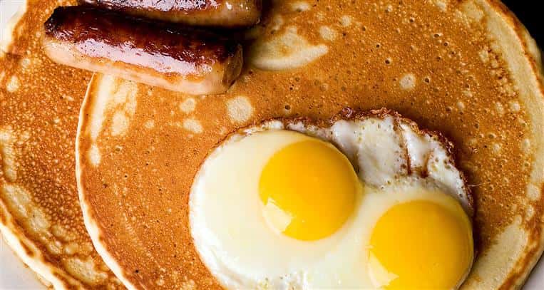 eggs, pancakes, and sausage