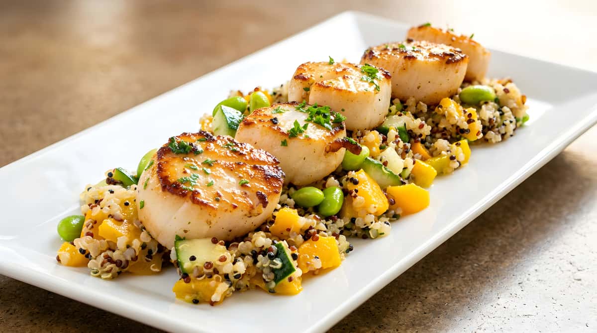 Seared scallops over quinoa with edamame, cucumber, and orange pieces on a white rectangular plate.