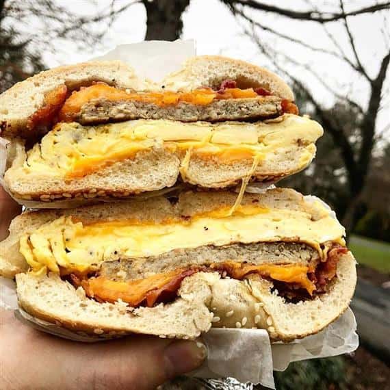 bagel sandwich with egg and sausage