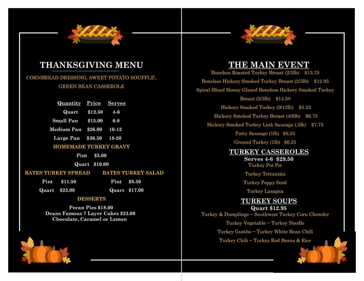 bates turkey menu