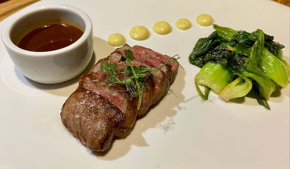 Grilled steak served with roasted vegetables, fresh herbs and a creamy sauce, elegantly presented on a white plate.