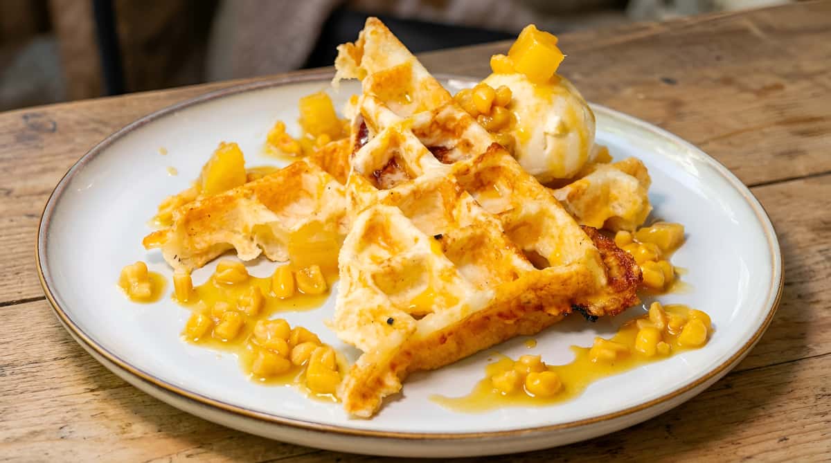Waffle topped with crushed cereal pieces and sauce on a white plate